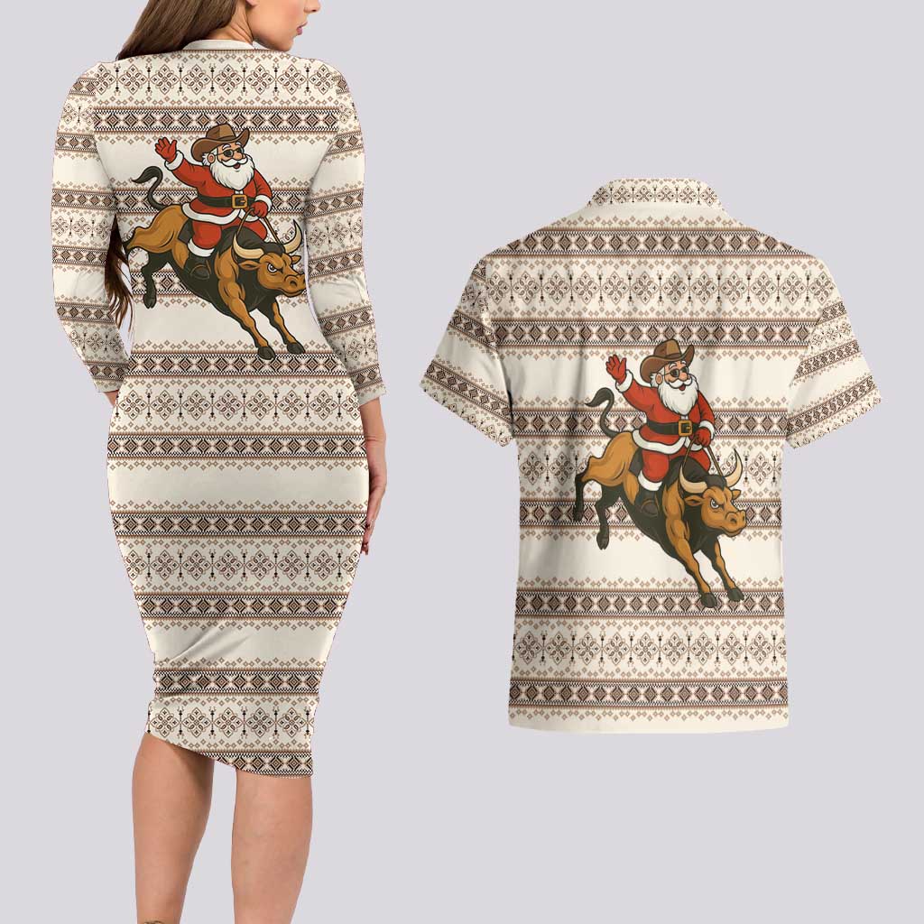 Riding Bulls Punchin Fools Christmas Couples Matching Long Sleeve Bodycon Dress and Hawaiian Shirt Xmas Holiday Patterns - Wonder Print Shop