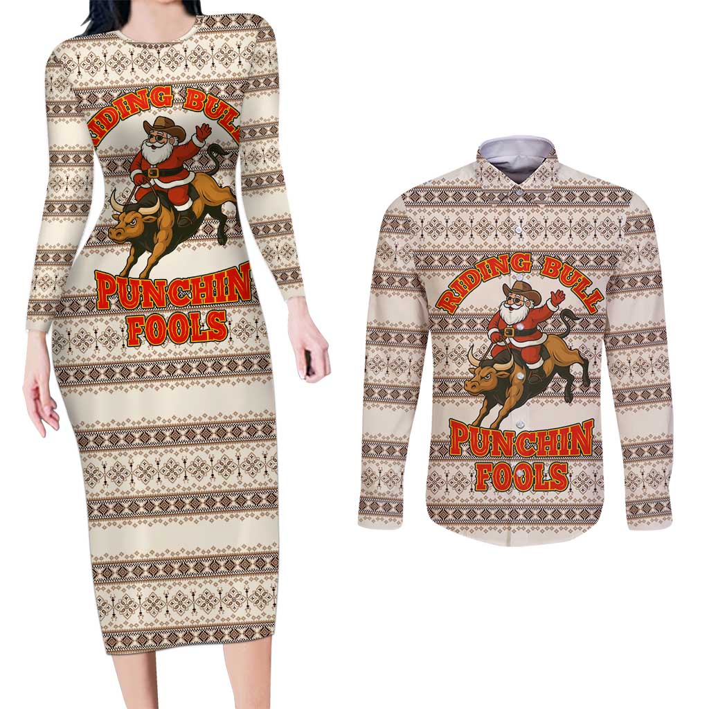 Riding Bulls Punchin Fools Christmas Couples Matching Long Sleeve Bodycon Dress and Long Sleeve Button Shirt Xmas Holiday Patterns - Wonder Print Shop