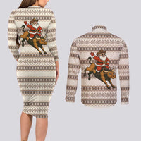 Riding Bulls Punchin Fools Christmas Couples Matching Long Sleeve Bodycon Dress and Long Sleeve Button Shirt Xmas Holiday Patterns - Wonder Print Shop