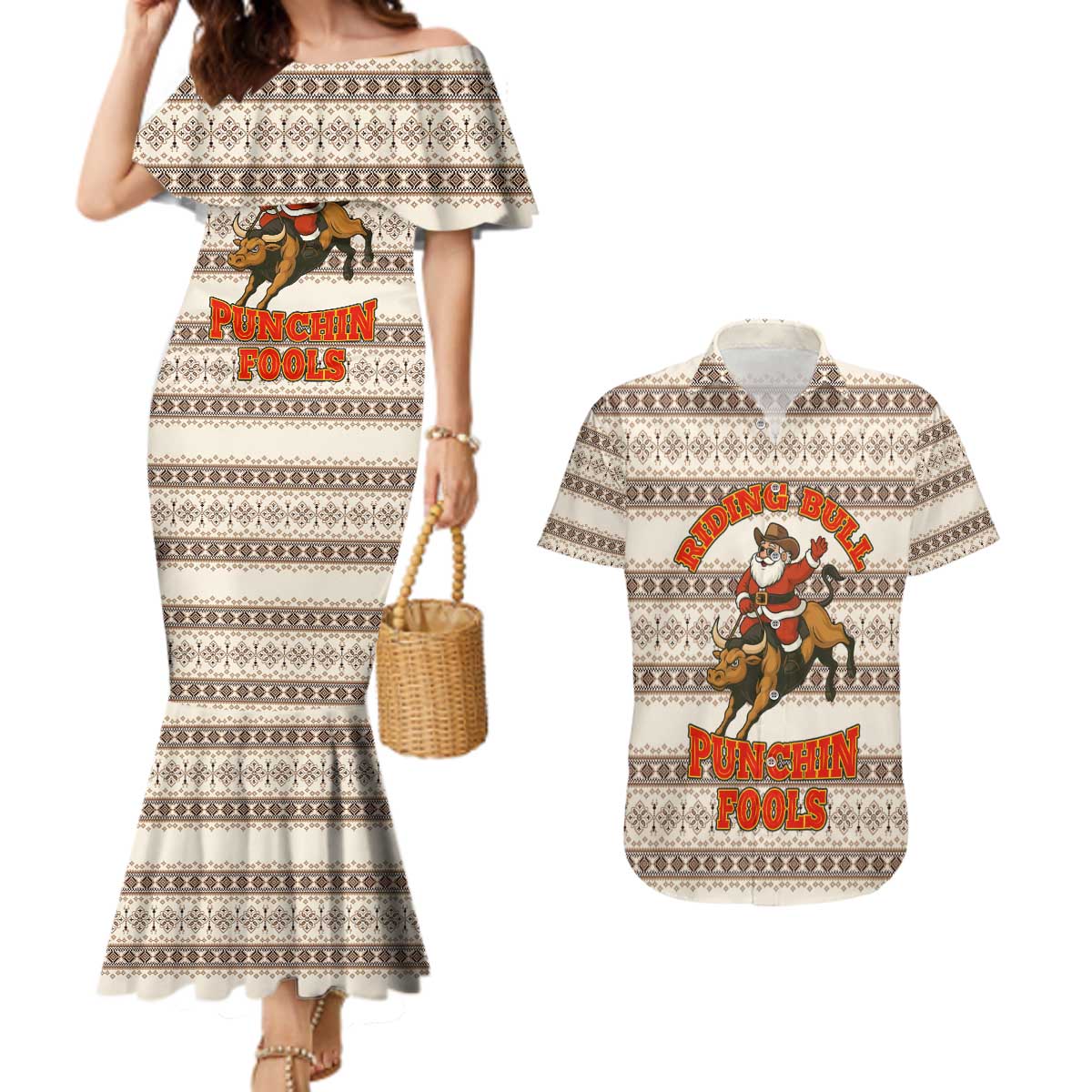 Riding Bulls Punchin Fools Christmas Couples Matching Mermaid Dress and Hawaiian Shirt Xmas Holiday Patterns - Wonder Print Shop