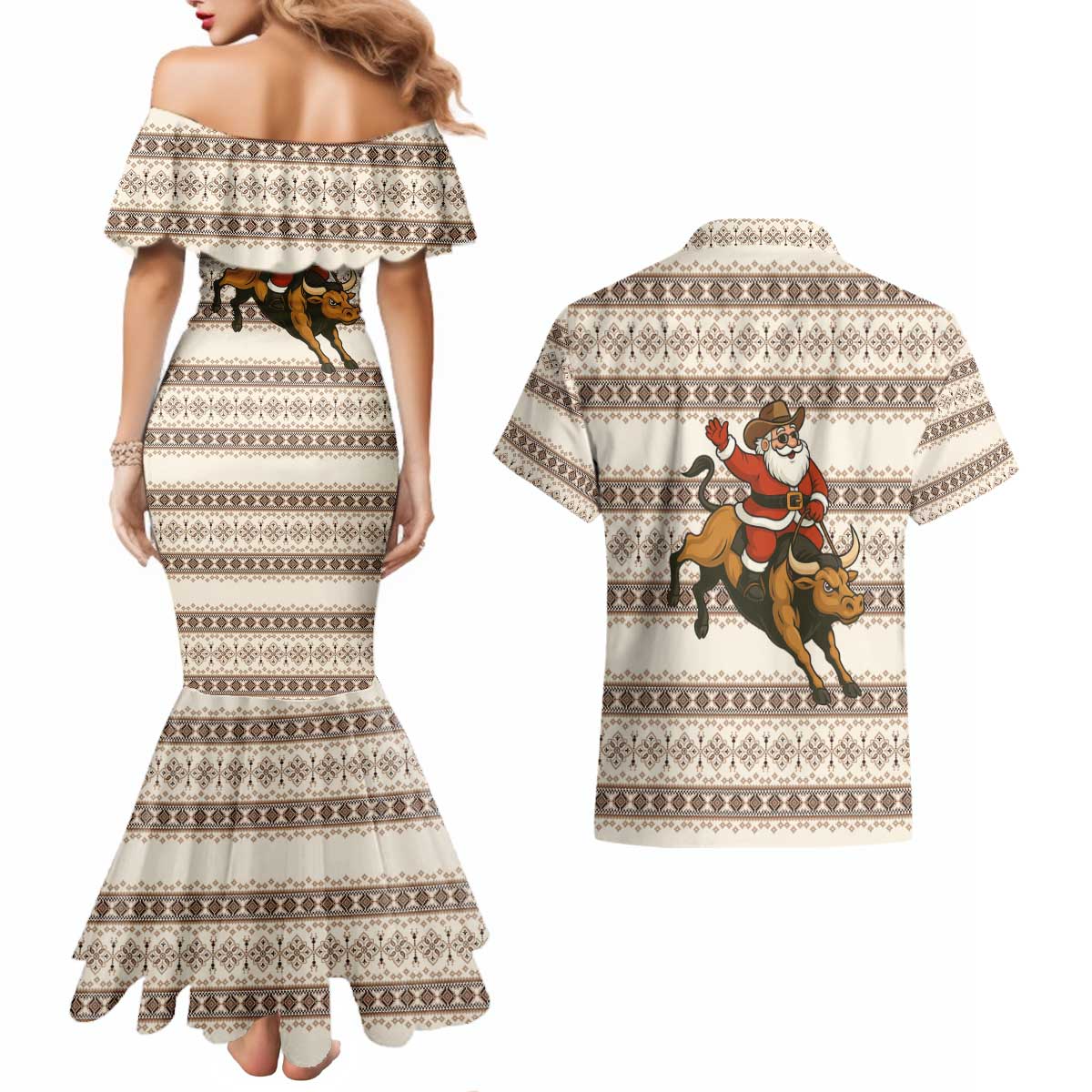 Riding Bulls Punchin Fools Christmas Couples Matching Mermaid Dress and Hawaiian Shirt Xmas Holiday Patterns - Wonder Print Shop
