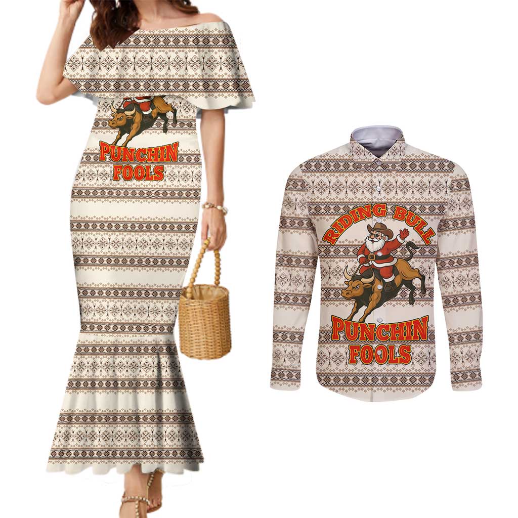Riding Bulls Punchin Fools Christmas Couples Matching Mermaid Dress and Long Sleeve Button Shirt Xmas Holiday Patterns - Wonder Print Shop