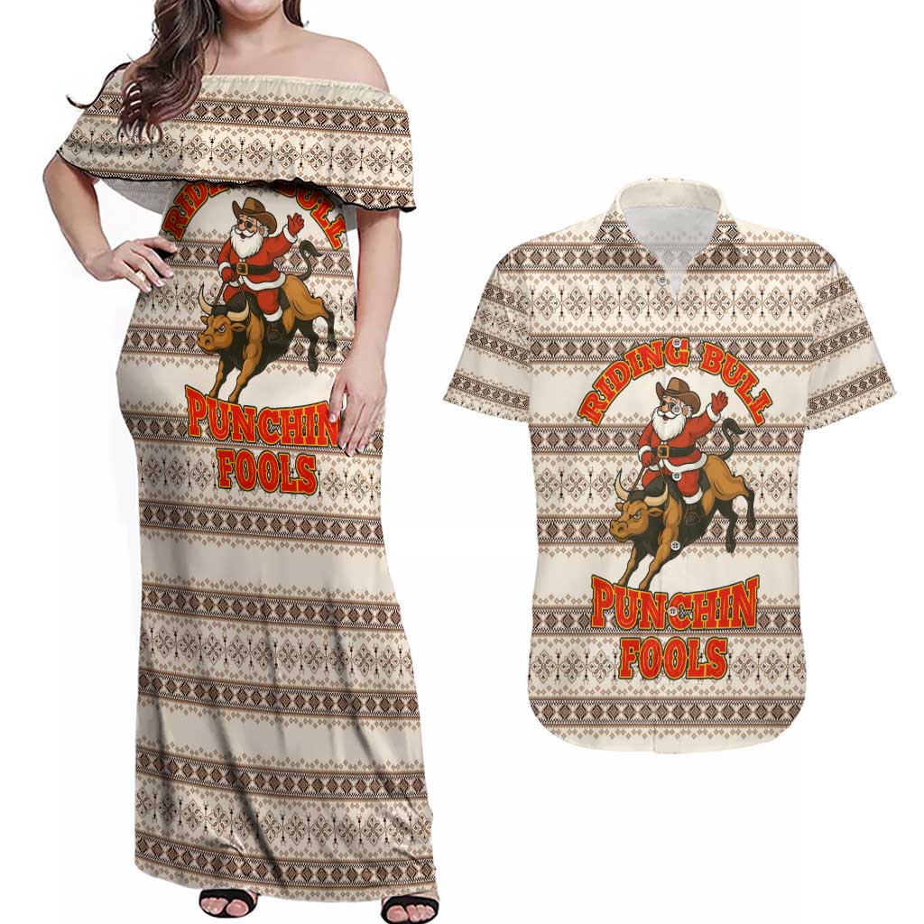 Riding Bulls Punchin Fools Christmas Couples Matching Off Shoulder Maxi Dress and Hawaiian Shirt Xmas Holiday Patterns - Wonder Print Shop