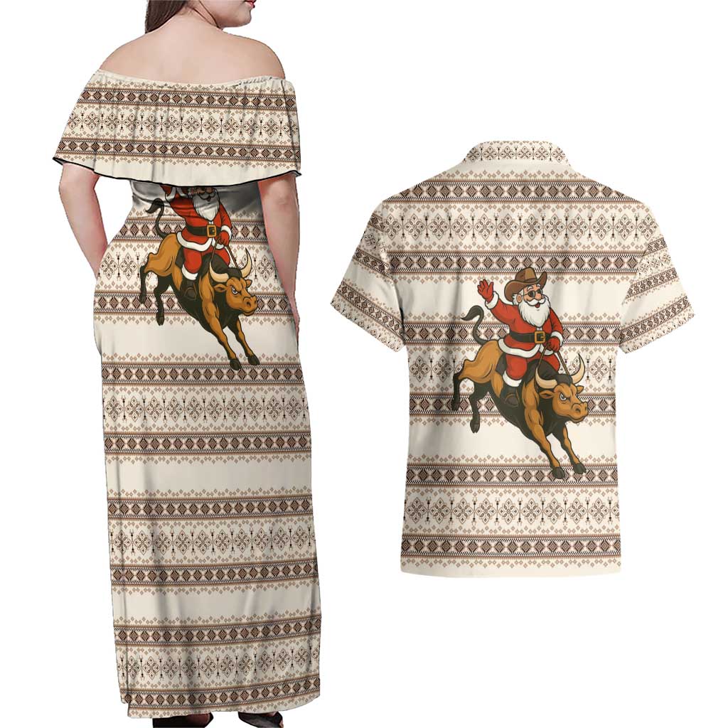 Riding Bulls Punchin Fools Christmas Couples Matching Off Shoulder Maxi Dress and Hawaiian Shirt Xmas Holiday Patterns - Wonder Print Shop