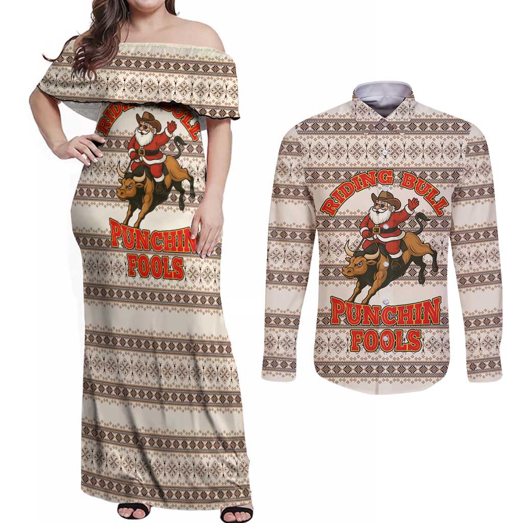 Riding Bulls Punchin Fools Christmas Couples Matching Off Shoulder Maxi Dress and Long Sleeve Button Shirt Xmas Holiday Patterns - Wonder Print Shop