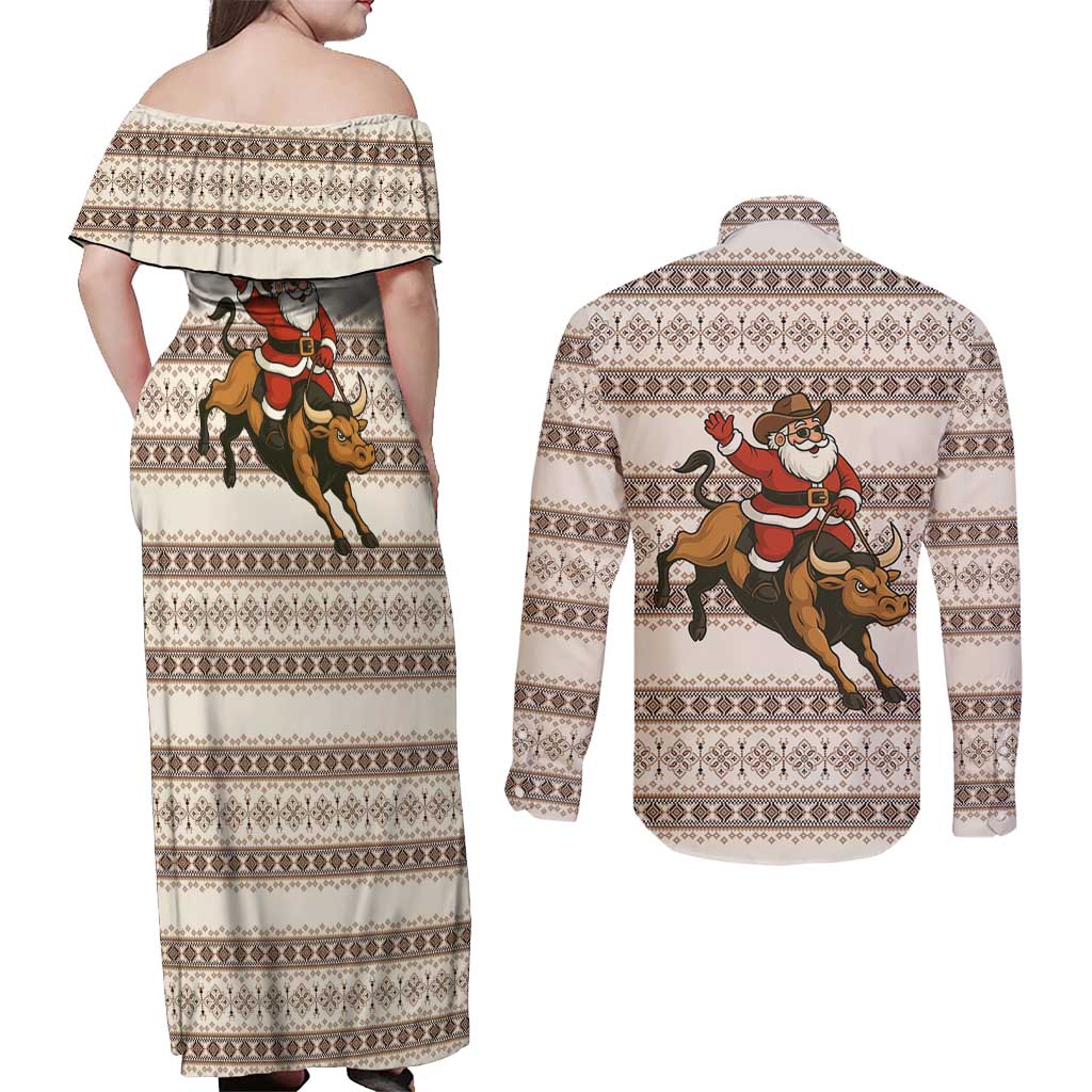 Riding Bulls Punchin Fools Christmas Couples Matching Off Shoulder Maxi Dress and Long Sleeve Button Shirt Xmas Holiday Patterns - Wonder Print Shop
