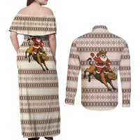 Riding Bulls Punchin Fools Christmas Couples Matching Off Shoulder Maxi Dress and Long Sleeve Button Shirt Xmas Holiday Patterns - Wonder Print Shop