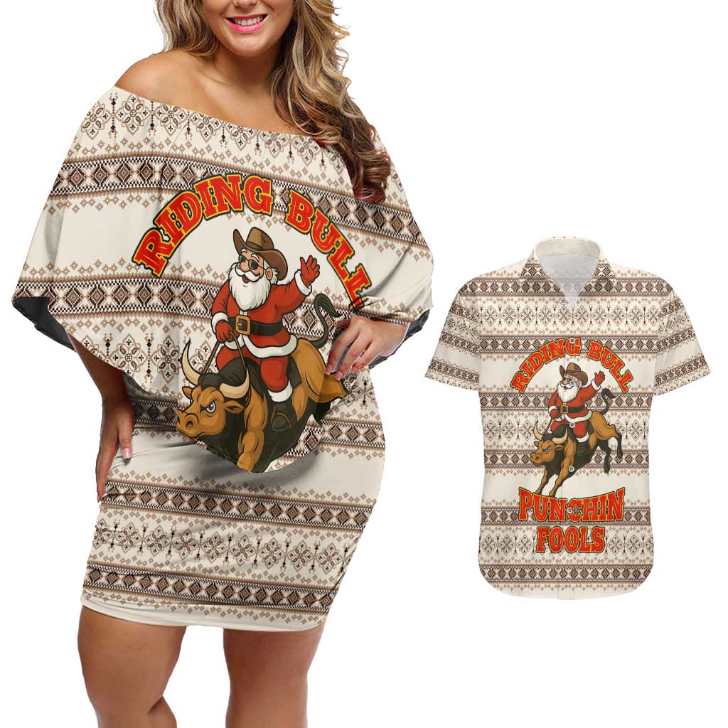 Riding Bulls Punchin Fools Christmas Couples Matching Off Shoulder Short Dress and Hawaiian Shirt Xmas Holiday Patterns - Wonder Print Shop