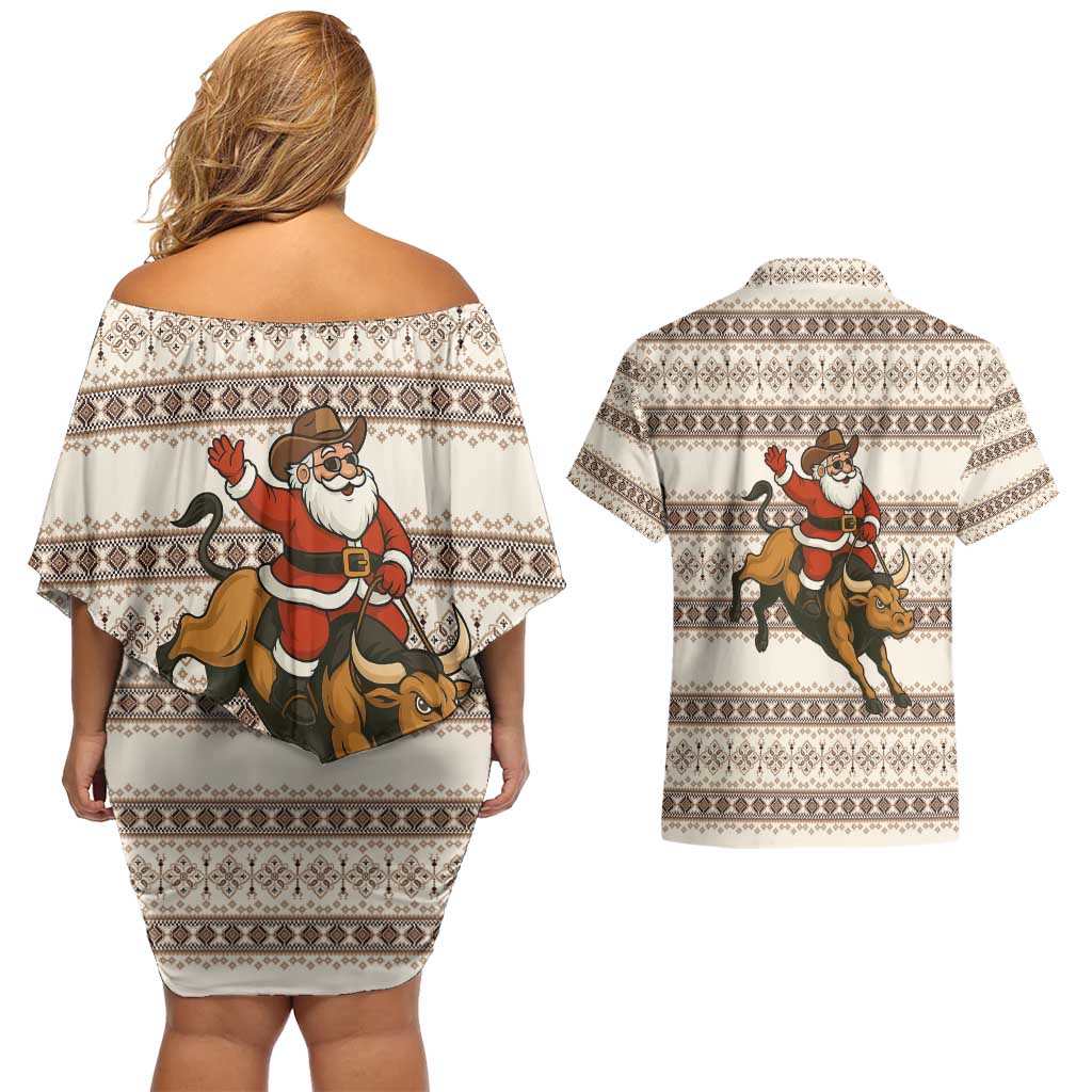 Riding Bulls Punchin Fools Christmas Couples Matching Off Shoulder Short Dress and Hawaiian Shirt Xmas Holiday Patterns - Wonder Print Shop