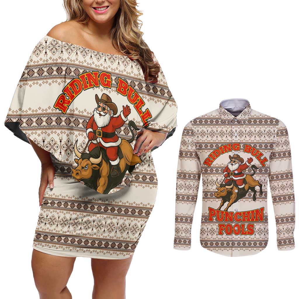 Riding Bulls Punchin Fools Christmas Couples Matching Off Shoulder Short Dress and Long Sleeve Button Shirt Xmas Holiday Patterns - Wonder Print Shop