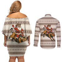 Riding Bulls Punchin Fools Christmas Couples Matching Off Shoulder Short Dress and Long Sleeve Button Shirt Xmas Holiday Patterns - Wonder Print Shop