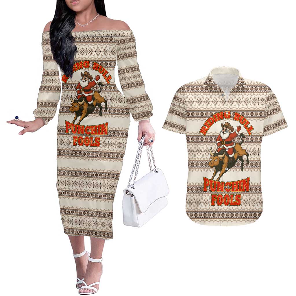 Riding Bulls Punchin Fools Christmas Couples Matching Off The Shoulder Long Sleeve Dress and Hawaiian Shirt Xmas Holiday Patterns - Wonder Print Shop