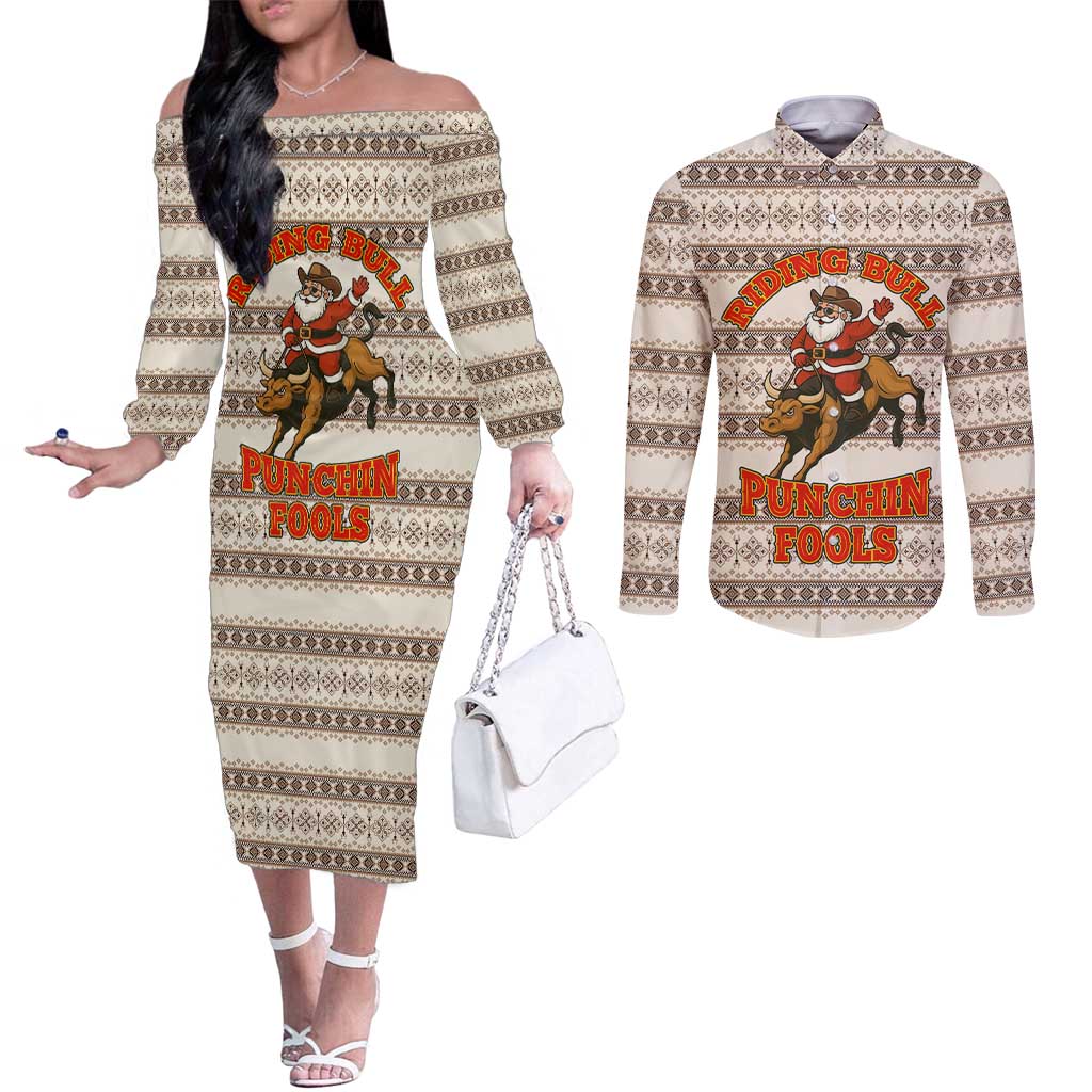 Riding Bulls Punchin Fools Christmas Couples Matching Off The Shoulder Long Sleeve Dress and Long Sleeve Button Shirt Xmas Holiday Patterns - Wonder Print Shop