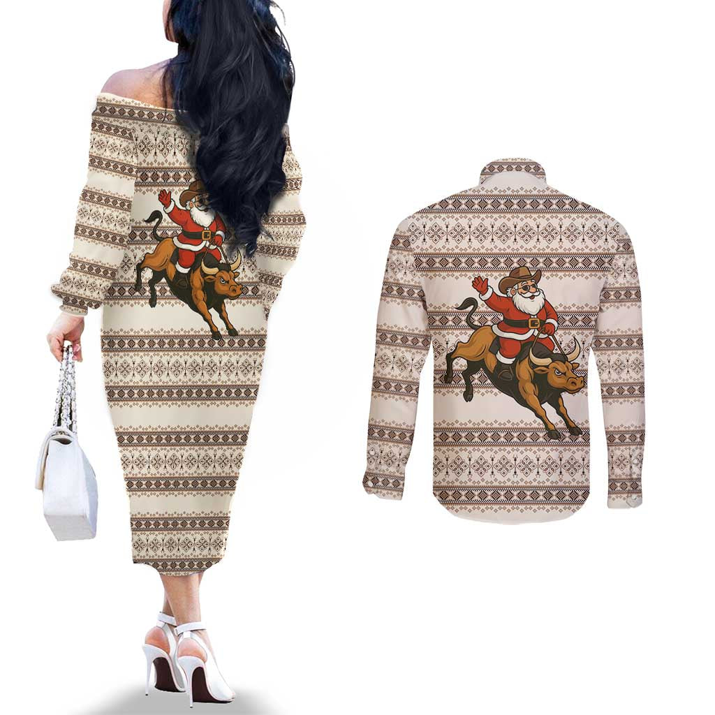 Riding Bulls Punchin Fools Christmas Couples Matching Off The Shoulder Long Sleeve Dress and Long Sleeve Button Shirt Xmas Holiday Patterns - Wonder Print Shop