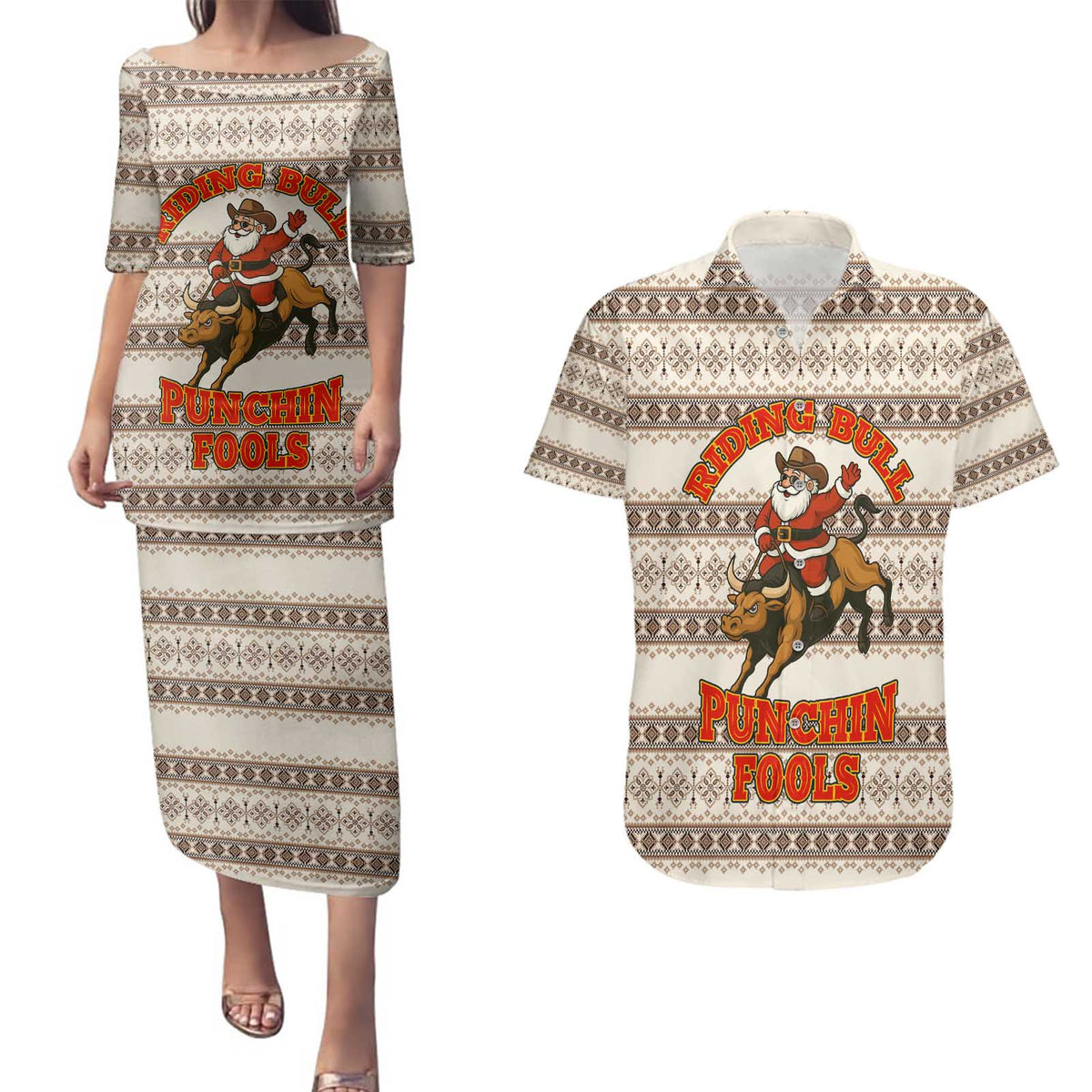 Riding Bulls Punchin Fools Christmas Couples Matching Puletasi and Hawaiian Shirt Xmas Holiday Patterns - Wonder Print Shop