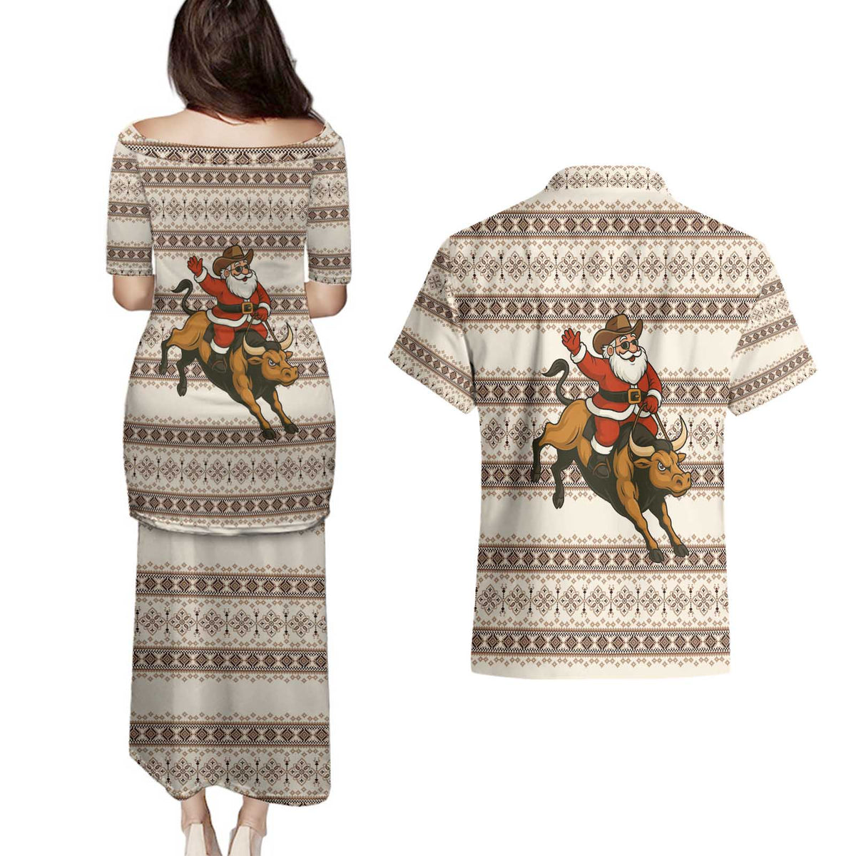 Riding Bulls Punchin Fools Christmas Couples Matching Puletasi and Hawaiian Shirt Xmas Holiday Patterns - Wonder Print Shop