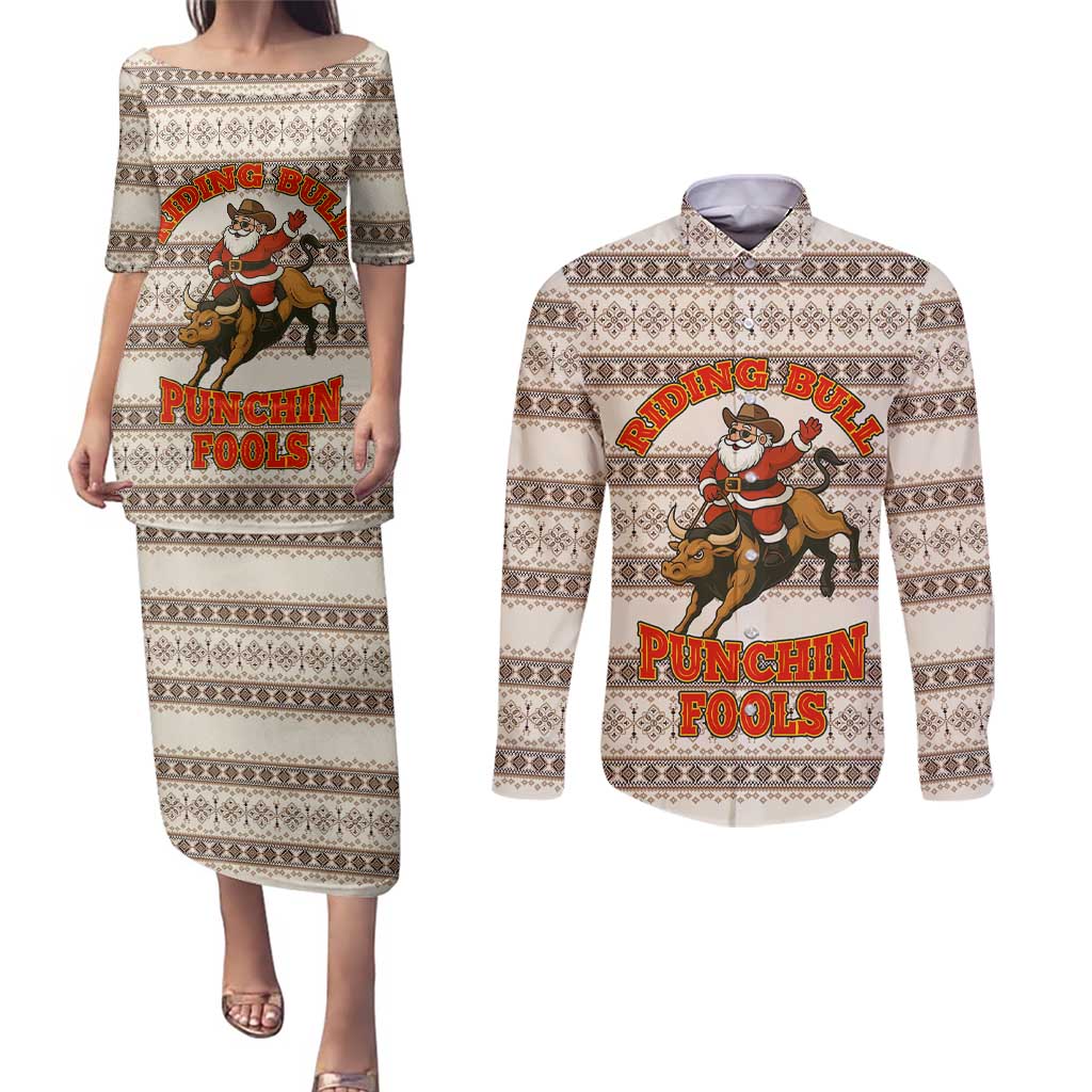 Riding Bulls Punchin Fools Christmas Couples Matching Puletasi and Long Sleeve Button Shirt Xmas Holiday Patterns - Wonder Print Shop