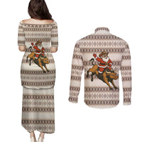 Riding Bulls Punchin Fools Christmas Couples Matching Puletasi and Long Sleeve Button Shirt Xmas Holiday Patterns - Wonder Print Shop