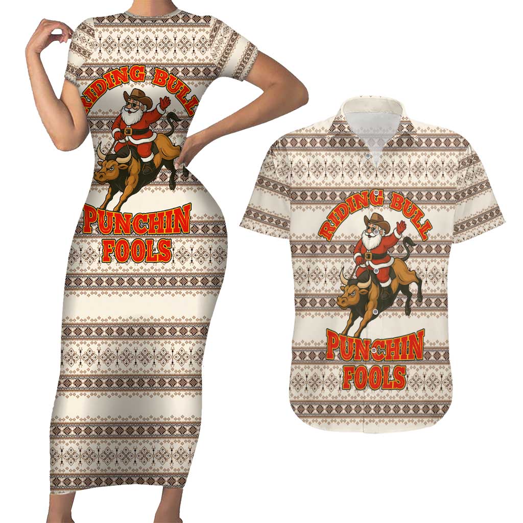 Riding Bulls Punchin Fools Christmas Couples Matching Short Sleeve Bodycon Dress and Hawaiian Shirt Xmas Holiday Patterns - Wonder Print Shop