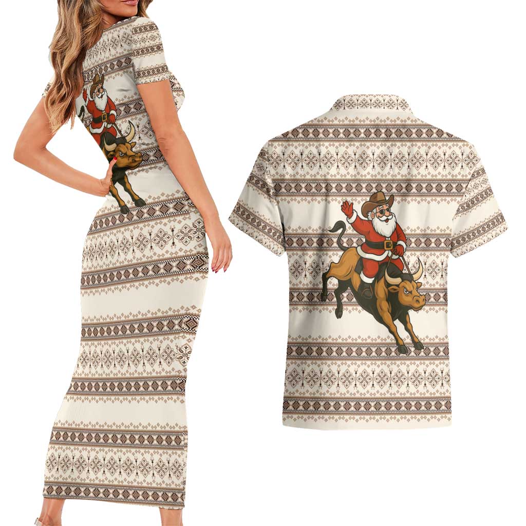 Riding Bulls Punchin Fools Christmas Couples Matching Short Sleeve Bodycon Dress and Hawaiian Shirt Xmas Holiday Patterns - Wonder Print Shop