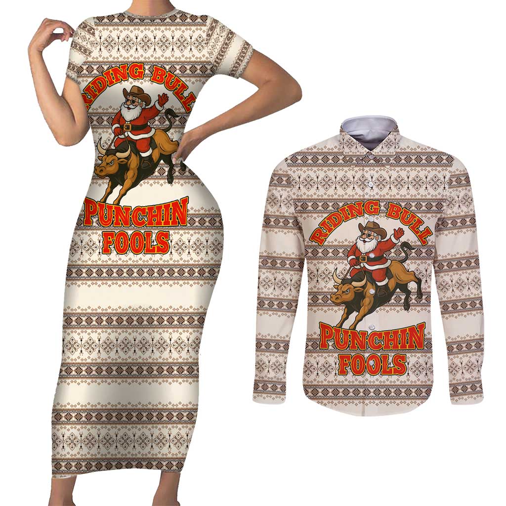 Riding Bulls Punchin Fools Christmas Couples Matching Short Sleeve Bodycon Dress and Long Sleeve Button Shirt Xmas Holiday Patterns - Wonder Print Shop