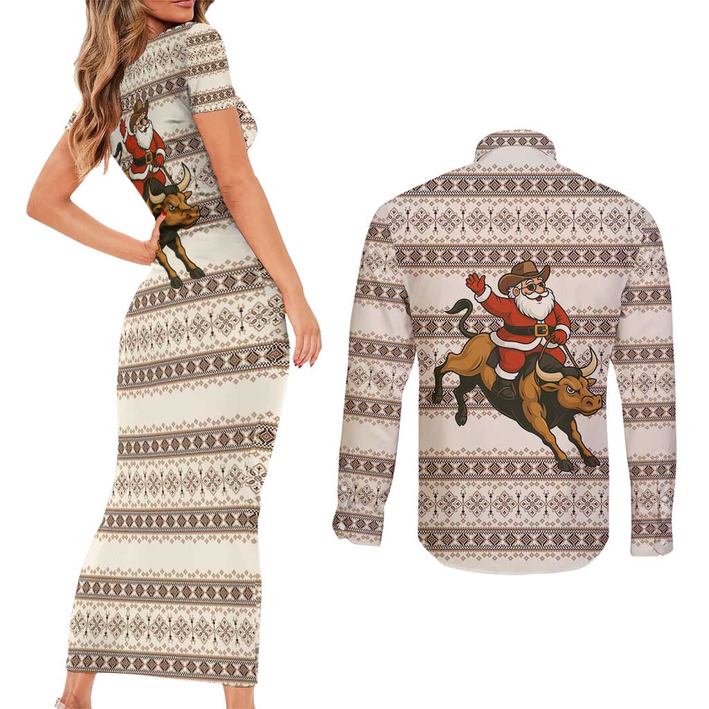 Riding Bulls Punchin Fools Christmas Couples Matching Short Sleeve Bodycon Dress and Long Sleeve Button Shirt Xmas Holiday Patterns - Wonder Print Shop