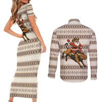 Riding Bulls Punchin Fools Christmas Couples Matching Short Sleeve Bodycon Dress and Long Sleeve Button Shirt Xmas Holiday Patterns - Wonder Print Shop