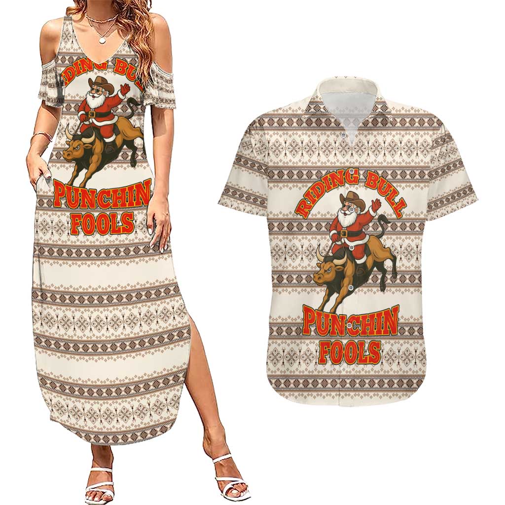 Riding Bulls Punchin Fools Christmas Couples Matching Summer Maxi Dress and Hawaiian Shirt Xmas Holiday Patterns - Wonder Print Shop