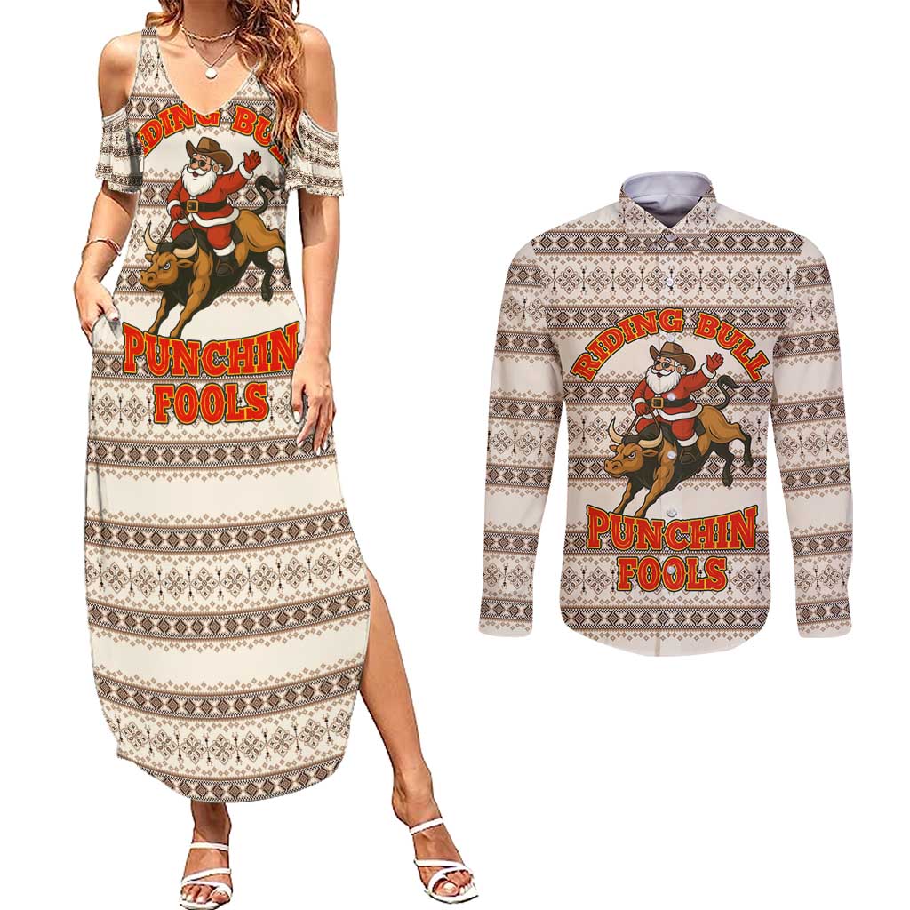 Riding Bulls Punchin Fools Christmas Couples Matching Summer Maxi Dress and Long Sleeve Button Shirt Xmas Holiday Patterns - Wonder Print Shop