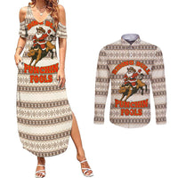 Riding Bulls Punchin Fools Christmas Couples Matching Summer Maxi Dress and Long Sleeve Button Shirt Xmas Holiday Patterns - Wonder Print Shop