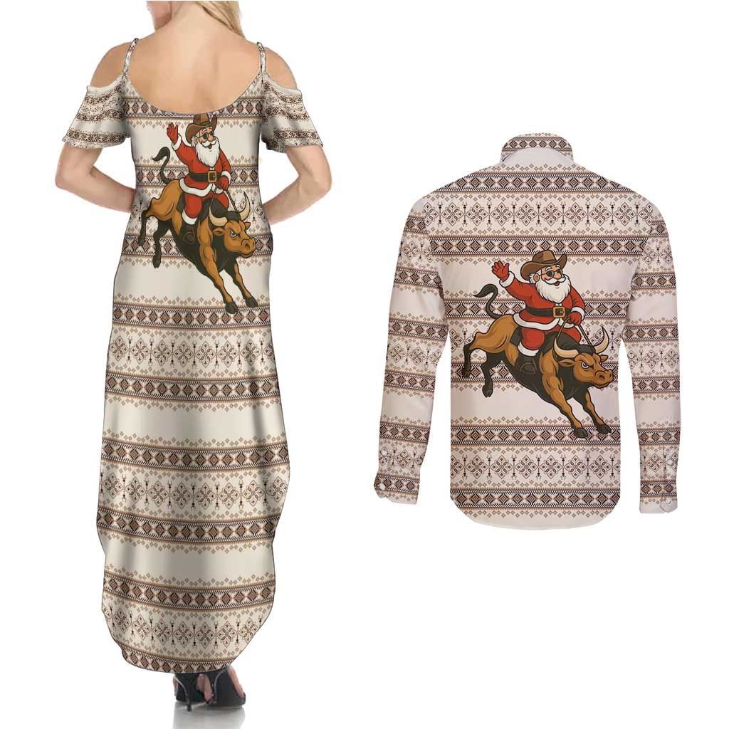 Riding Bulls Punchin Fools Christmas Couples Matching Summer Maxi Dress and Long Sleeve Button Shirt Xmas Holiday Patterns - Wonder Print Shop