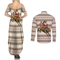 Riding Bulls Punchin Fools Christmas Couples Matching Summer Maxi Dress and Long Sleeve Button Shirt Xmas Holiday Patterns - Wonder Print Shop