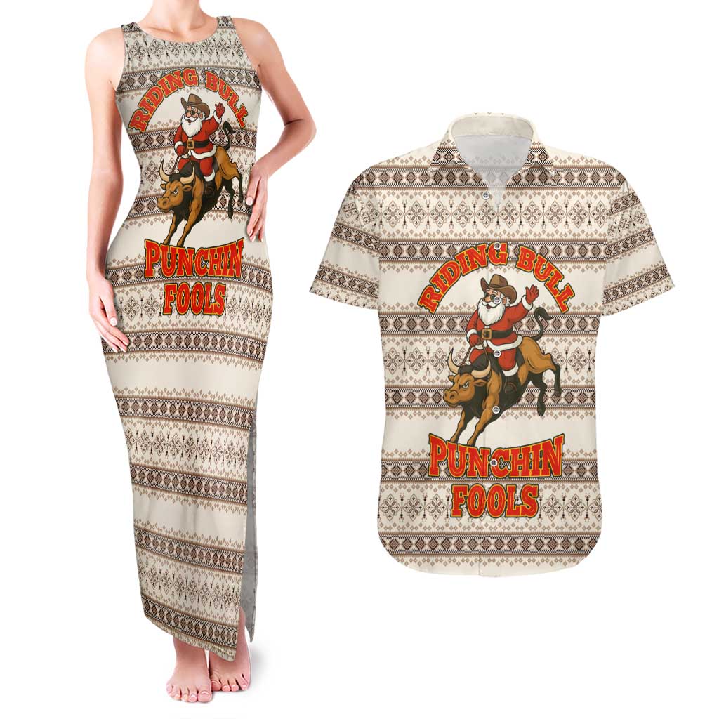 Riding Bulls Punchin Fools Christmas Couples Matching Tank Maxi Dress and Hawaiian Shirt Xmas Holiday Patterns - Wonder Print Shop