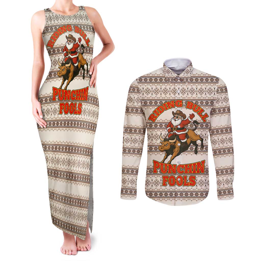 Riding Bulls Punchin Fools Christmas Couples Matching Tank Maxi Dress and Long Sleeve Button Shirt Xmas Holiday Patterns - Wonder Print Shop