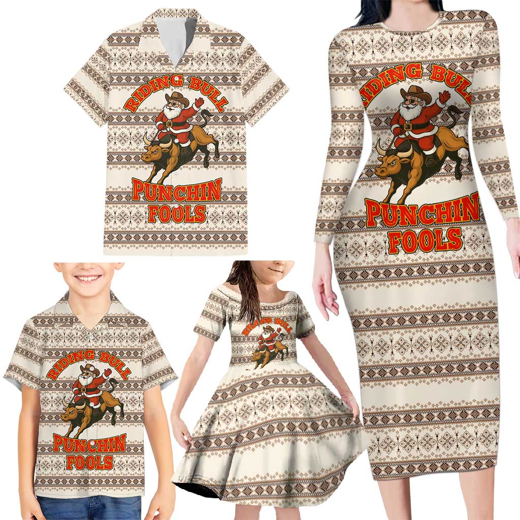 Riding Bulls Punchin Fools Christmas Family Matching Long Sleeve Bodycon Dress and Hawaiian Shirt Xmas Holiday Patterns - Wonder Print Shop