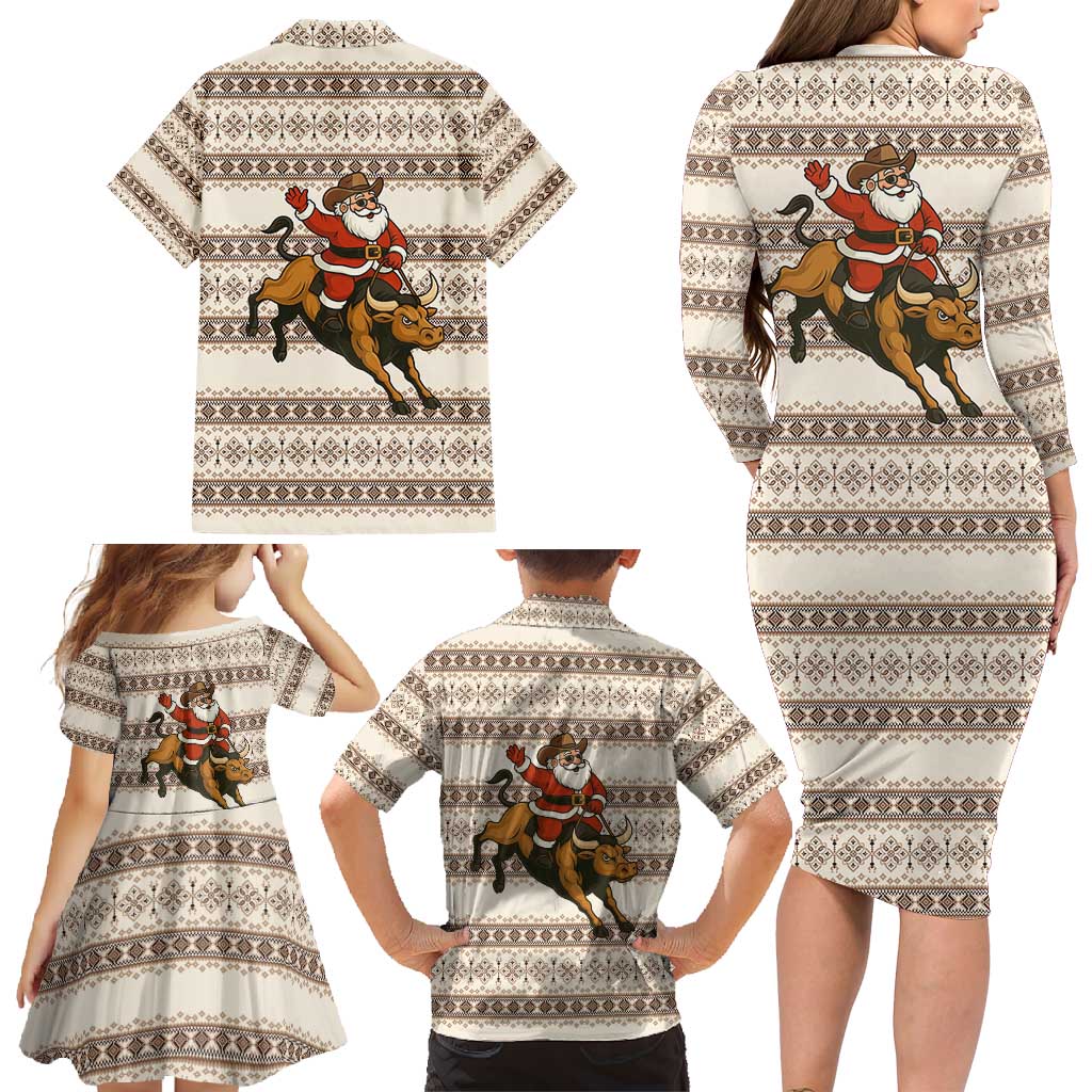 Riding Bulls Punchin Fools Christmas Family Matching Long Sleeve Bodycon Dress and Hawaiian Shirt Xmas Holiday Patterns - Wonder Print Shop