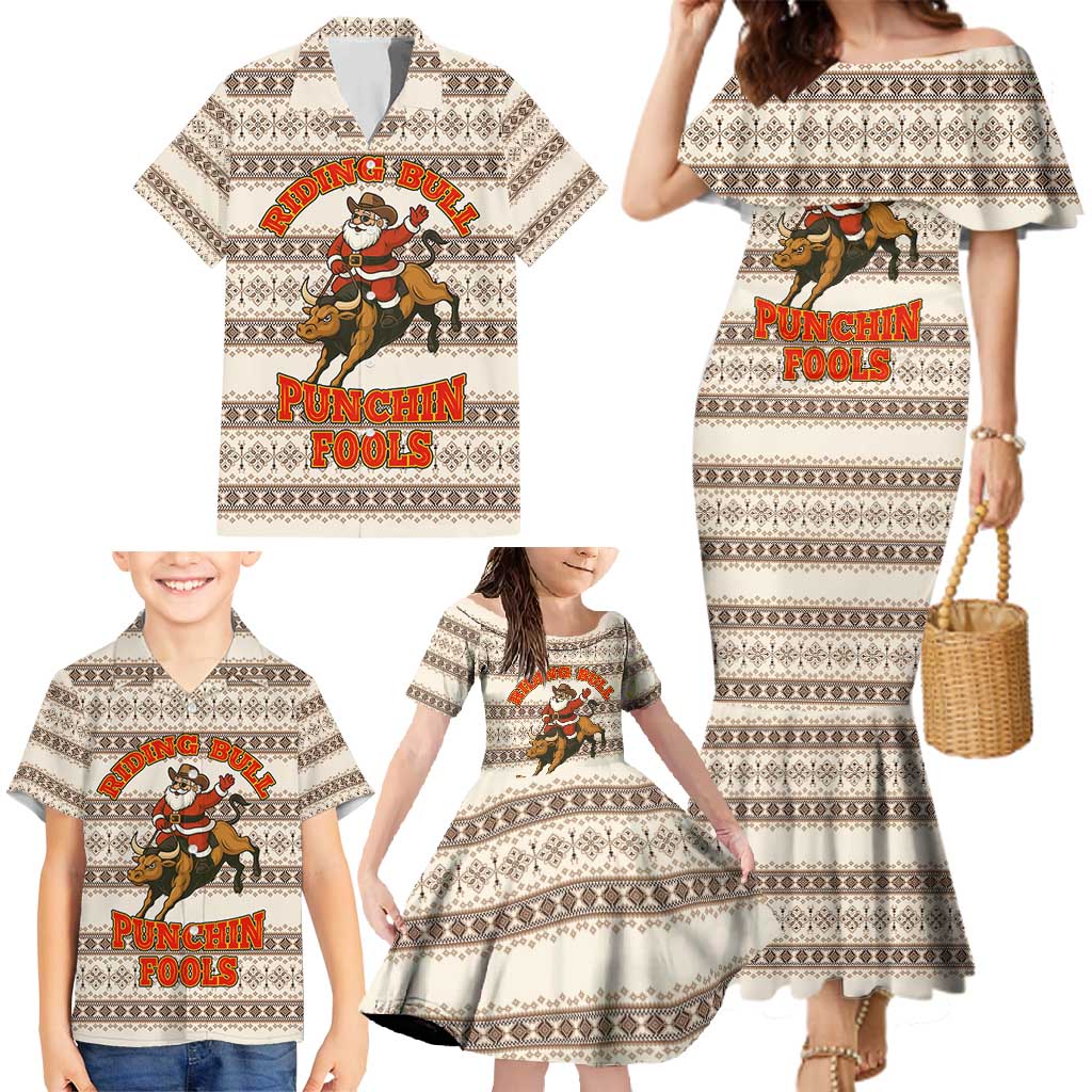 Riding Bulls Punchin Fools Christmas Family Matching Mermaid Dress and Hawaiian Shirt Xmas Holiday Patterns - Wonder Print Shop