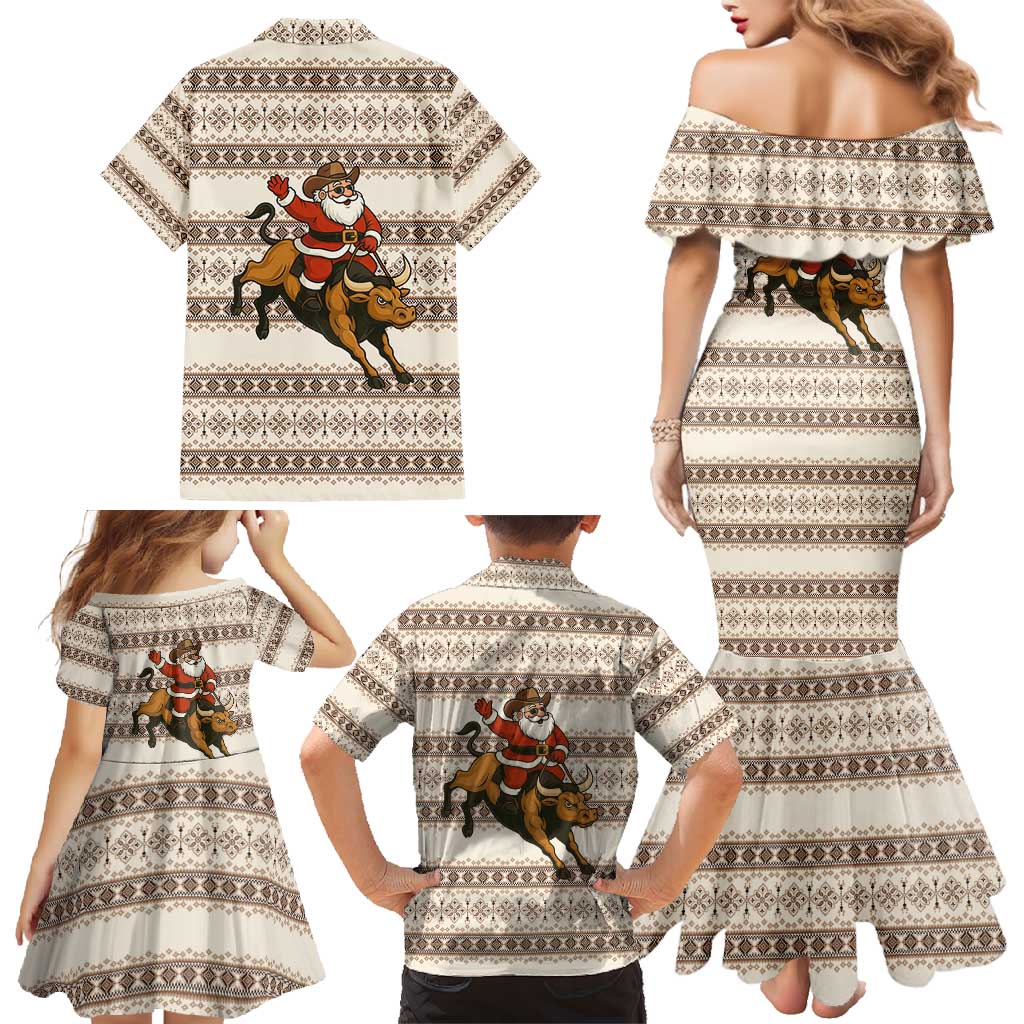 Riding Bulls Punchin Fools Christmas Family Matching Mermaid Dress and Hawaiian Shirt Xmas Holiday Patterns - Wonder Print Shop