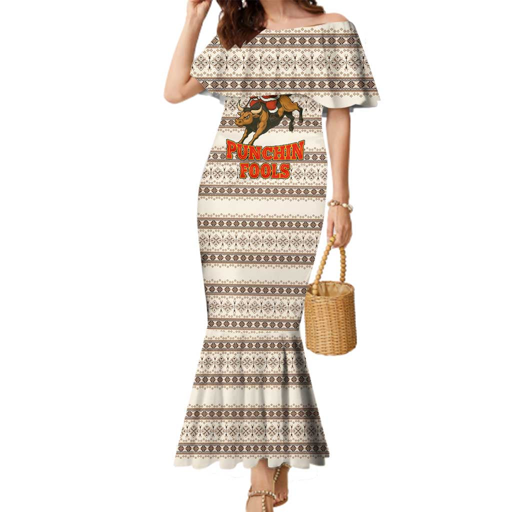 Riding Bulls Punchin Fools Christmas Family Matching Mermaid Dress and Hawaiian Shirt Xmas Holiday Patterns - Wonder Print Shop