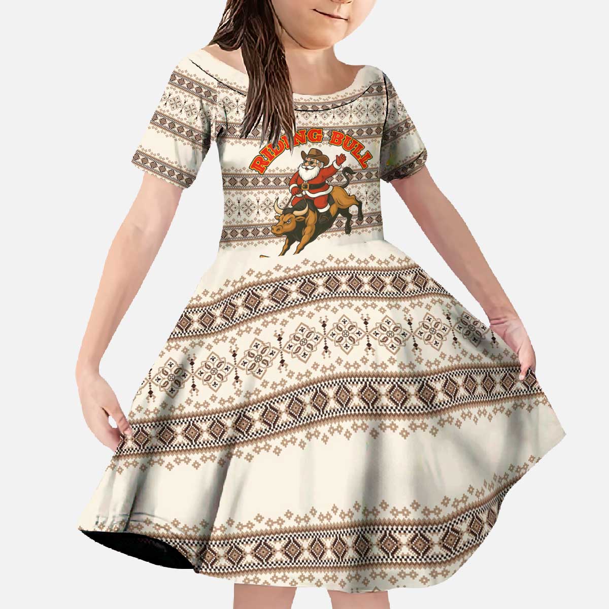 Riding Bulls Punchin Fools Christmas Family Matching Off The Shoulder Long Sleeve Dress and Hawaiian Shirt Xmas Holiday Patterns - Wonder Print Shop