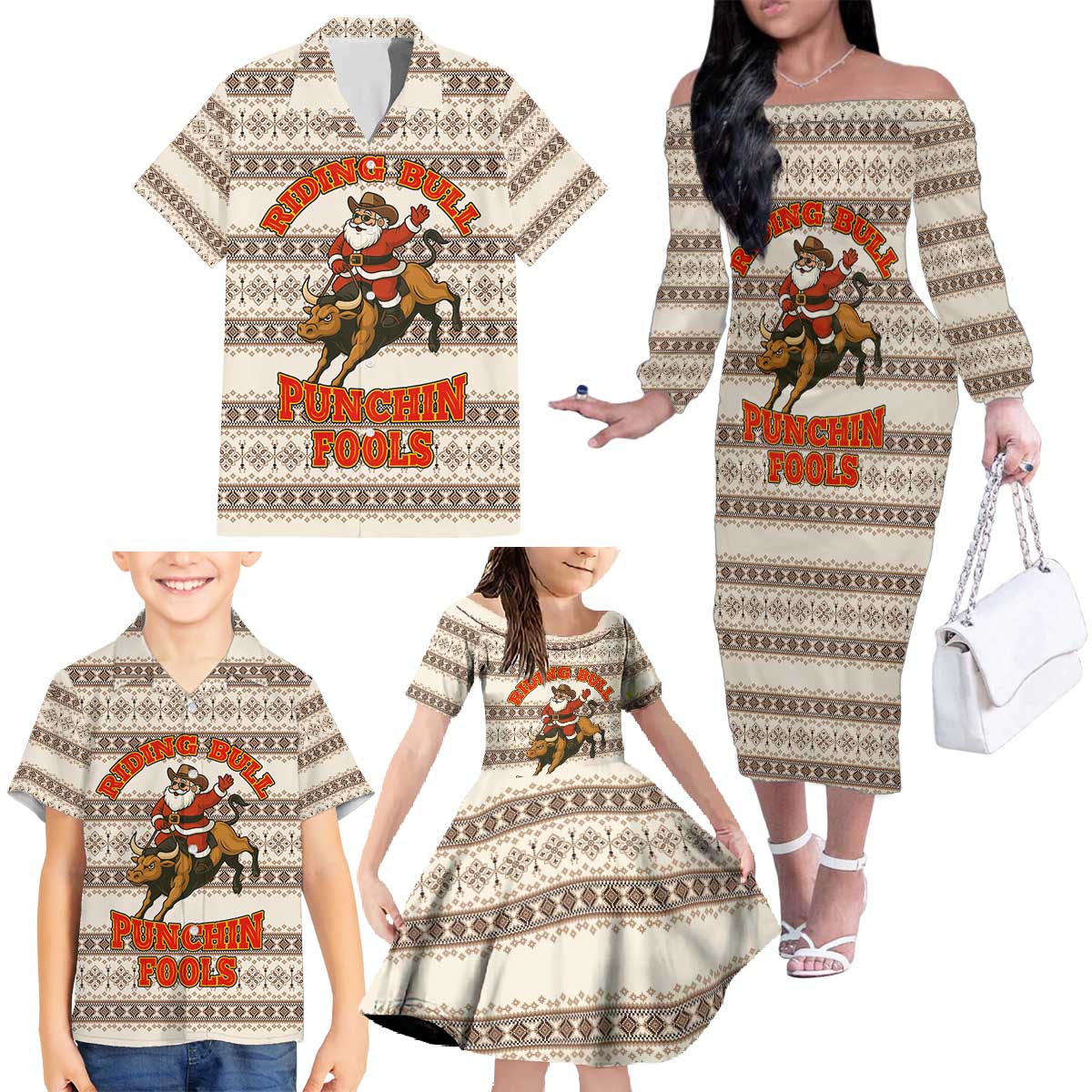 Riding Bulls Punchin Fools Christmas Family Matching Off The Shoulder Long Sleeve Dress and Hawaiian Shirt Xmas Holiday Patterns - Wonder Print Shop