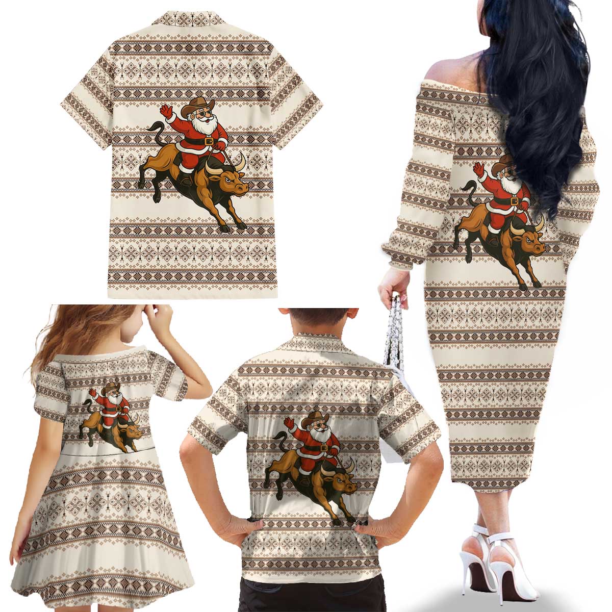 Riding Bulls Punchin Fools Christmas Family Matching Off The Shoulder Long Sleeve Dress and Hawaiian Shirt Xmas Holiday Patterns - Wonder Print Shop