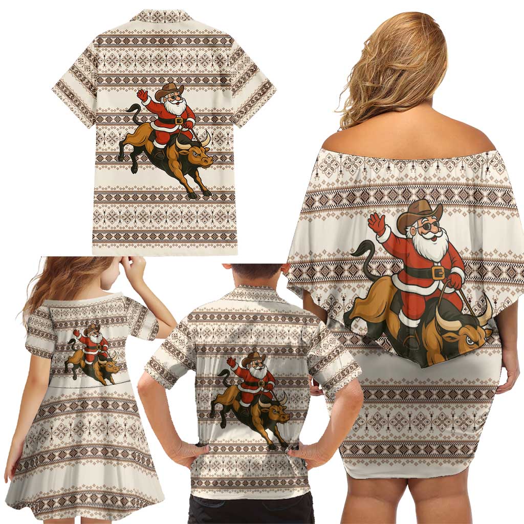 Riding Bulls Punchin Fools Christmas Family Matching Off Shoulder Short Dress and Hawaiian Shirt Xmas Holiday Patterns - Wonder Print Shop