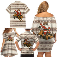 Riding Bulls Punchin Fools Christmas Family Matching Off Shoulder Short Dress and Hawaiian Shirt Xmas Holiday Patterns - Wonder Print Shop