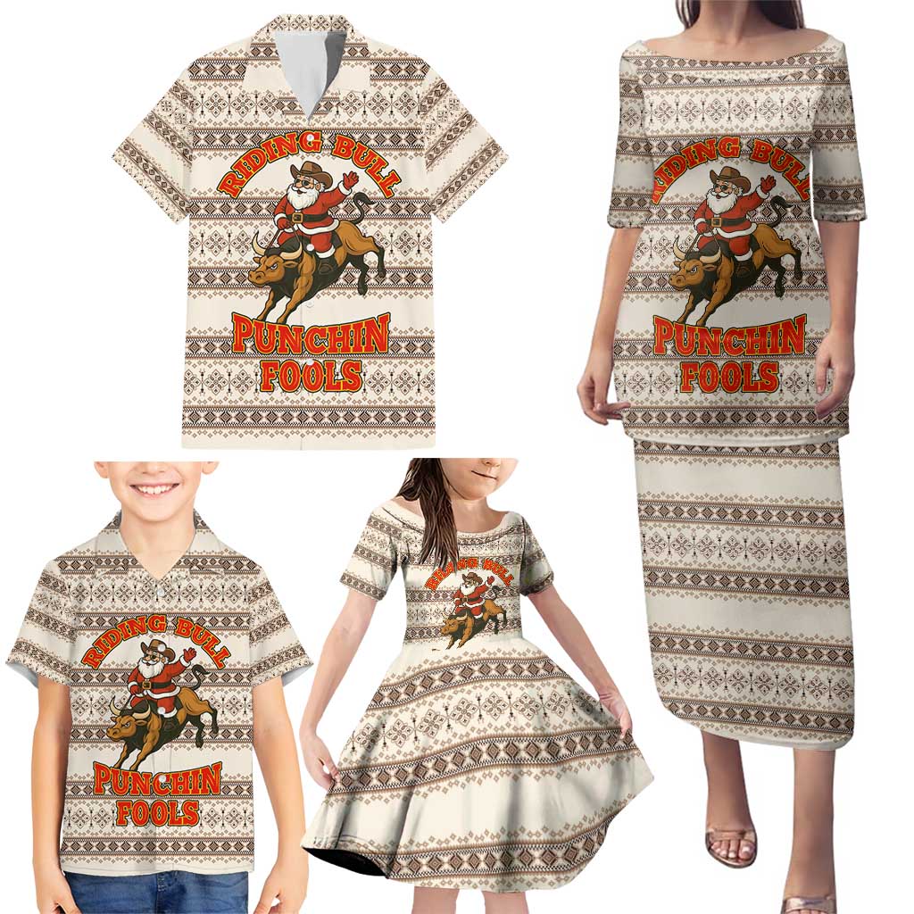 Riding Bulls Punchin Fools Christmas Family Matching Puletasi and Hawaiian Shirt Xmas Holiday Patterns - Wonder Print Shop