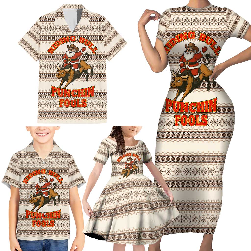 Riding Bulls Punchin Fools Christmas Family Matching Short Sleeve Bodycon Dress and Hawaiian Shirt Xmas Holiday Patterns - Wonder Print Shop