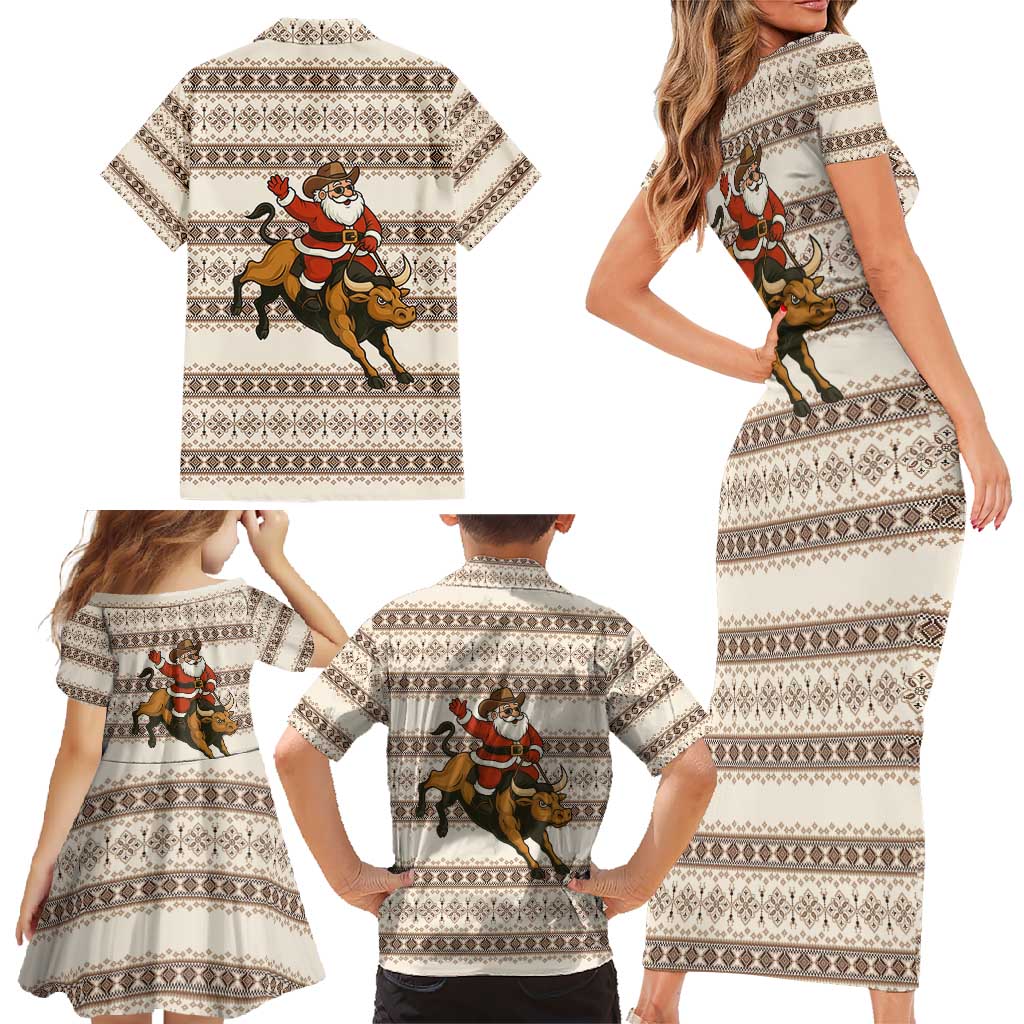 Riding Bulls Punchin Fools Christmas Family Matching Short Sleeve Bodycon Dress and Hawaiian Shirt Xmas Holiday Patterns - Wonder Print Shop