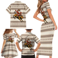 Riding Bulls Punchin Fools Christmas Family Matching Short Sleeve Bodycon Dress and Hawaiian Shirt Xmas Holiday Patterns - Wonder Print Shop
