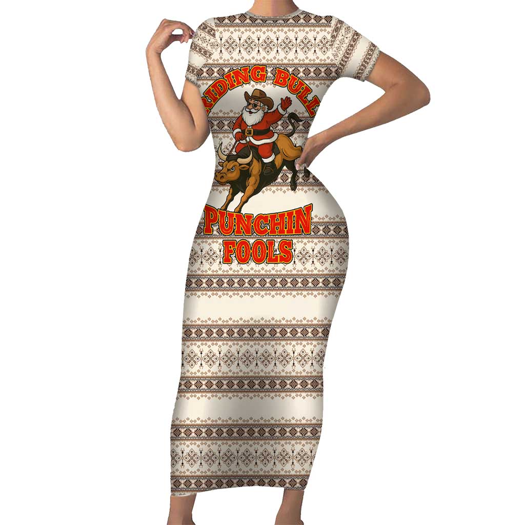 Riding Bulls Punchin Fools Christmas Family Matching Short Sleeve Bodycon Dress and Hawaiian Shirt Xmas Holiday Patterns - Wonder Print Shop