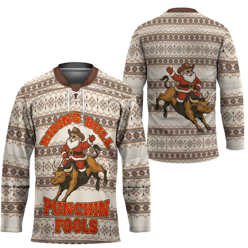 Riding Bulls Punchin Fools Christmas Hockey Jersey Xmas Holiday Patterns - Wonder Print Shop